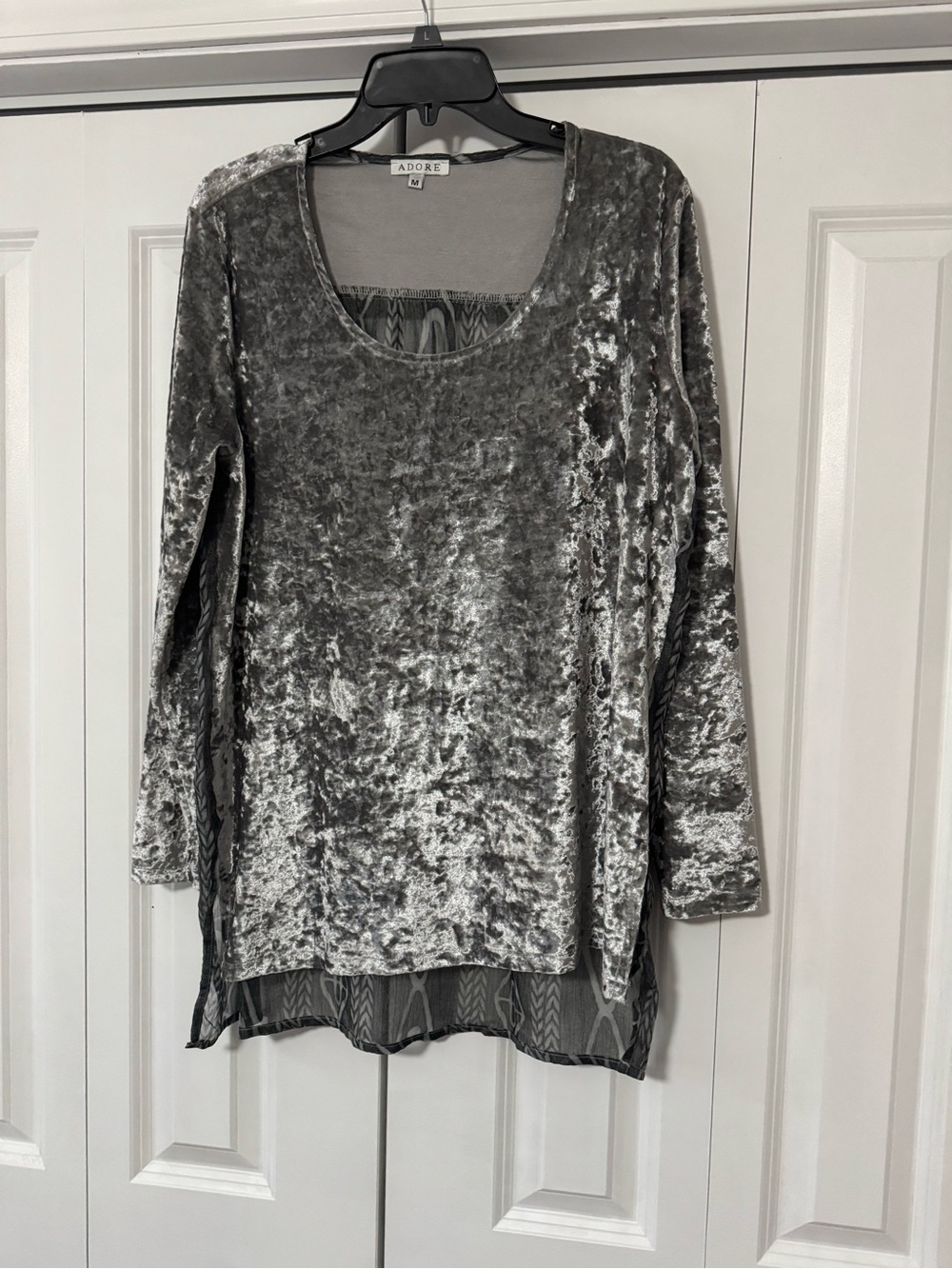 Adore Silver Crushed Velvet Scoop Neck Tunic with Chiffon Hem